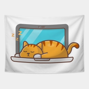 The cute cat is sleeping on laptop Tapestry