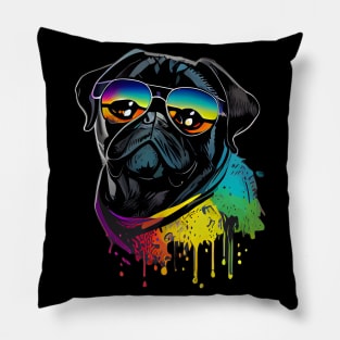 Colourful cool black pug with sunglasses one Pillow