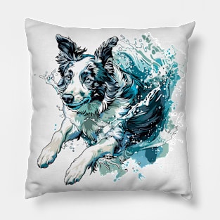 Border collie diving splash Pillow