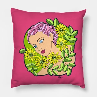 Girl with Pink Hair Surrounded by Yellow Flowers Pillow