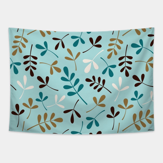 Assorted Leaf Silhouettes Teals Crm Brown Gld Tapestry by NataliePaskell