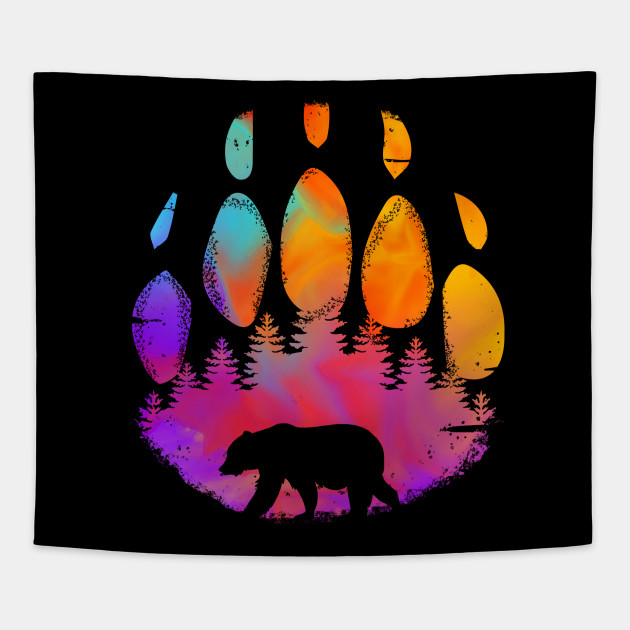 Bear Paw Print Colorful Forest Landscape Bear Tapestry