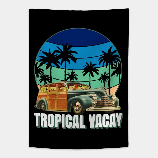 Tropical Vacay Family Vacation Old Woody Station Wagon Tapestry by CharJens