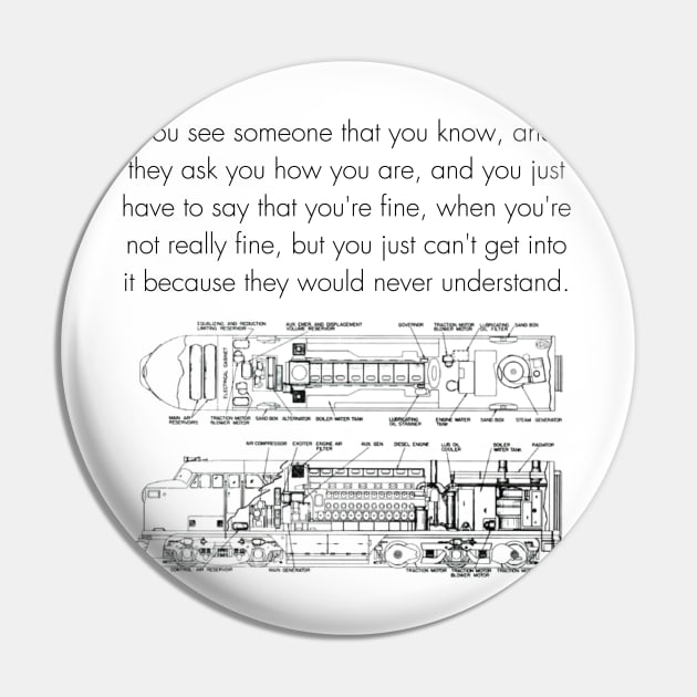 Say Yo're Fine When You're Not Fine Meme Funny Quote Oddcore Weirdcore Train Lover Ironic Pin by GrooveGeekPrints