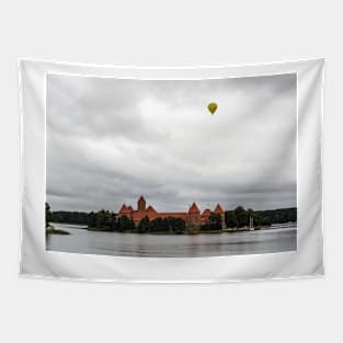 Yellow air balloon over red Castle Tapestry