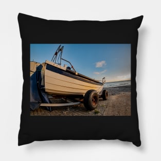 Fisheye view of crab fishing boat on Cromer beach Pillow