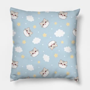 Pattern with white gray cat face, clouds and stars Pillow