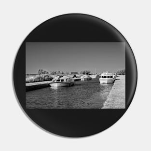 Holiday boats moored along Thurne Dyke, Norfolk Broads Pin