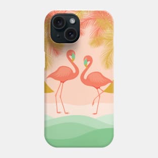 Boho illustration with Flamingos chilling out on the beach surrounded by palm trees. Phone Case