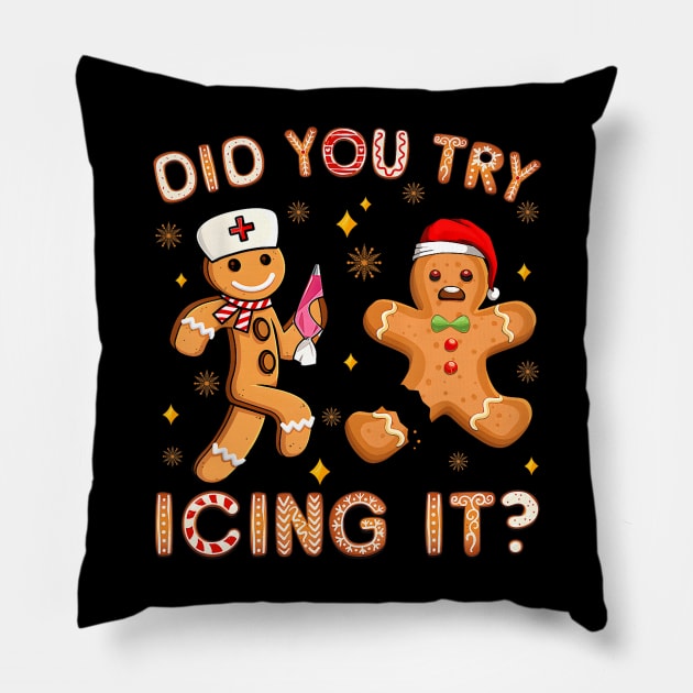 Did You Try Icing It Retro Christmas Gingerbread Nurse Squad Pillow by everetto