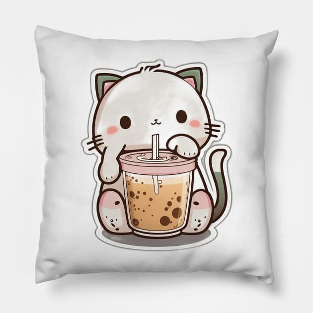 Cute Cat Drinking Bubble Tea Cartoon Boba Drawing Pillow by kiddo200