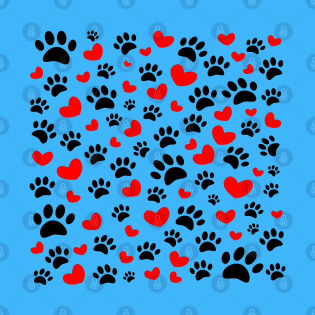 Black Dog Paws Red Hearts Pattern On Blue by Braznyc