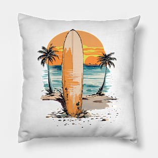 Surfboard Against Beautiful Sunset Minimalist Design Pillow