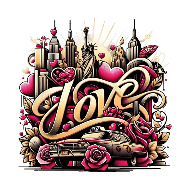 New York Love - Chic Urban Art Tee with Statue of Liberty and Cityscape by Mystic Geisha