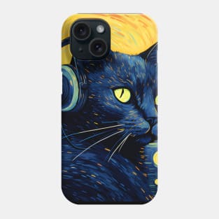 Starry Night Black Cat Wearing Headphones Phone Case