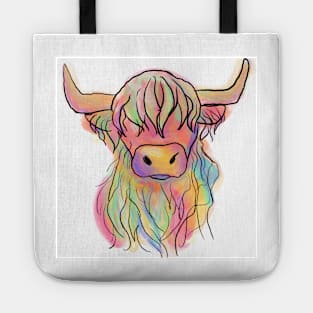 Highland cow rainbow watercolour digital painting Tote