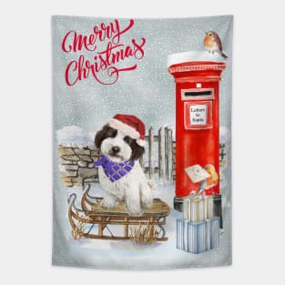 Cute Black And White Cockapoo Merry Christmas Santa Dog Tapestry