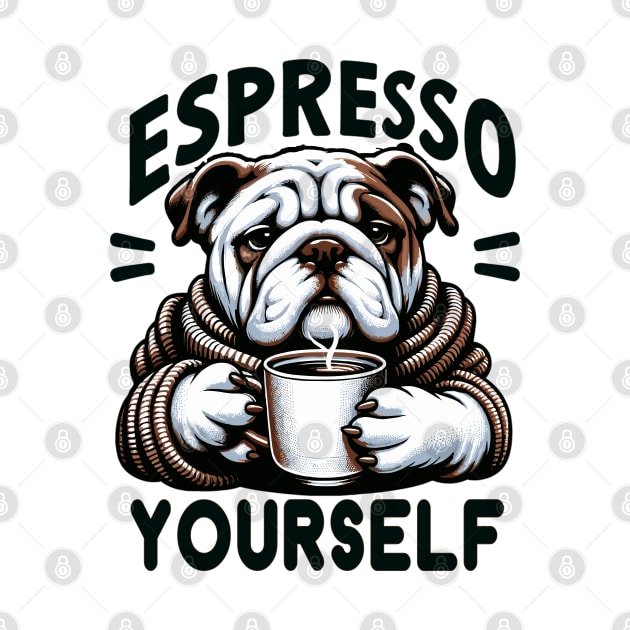 "Warm Espresso Bulldog - Cozy Coffee Humor" by WEARWORLD