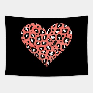 Coral, Black and White Leopard Print Heart Tapestry