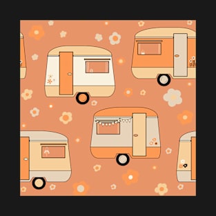 Repeat pattern of cute vintage caravans in retro colours on orange T-Shirt