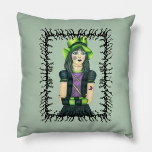 Goth Girl Branch Frame Green Hat Pillow