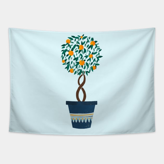 Orange tree in a blue pot Tapestry by Home Cyn Home 