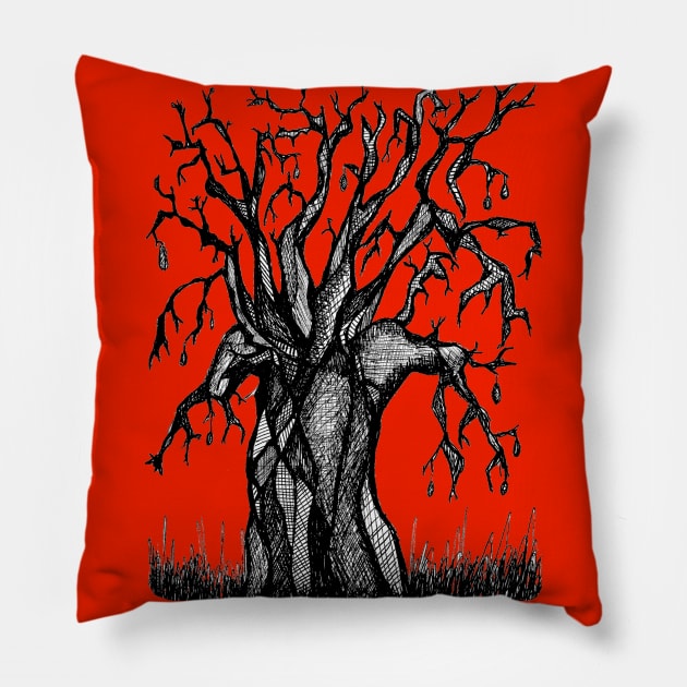 Red Baobab Artistic Line Drawing Pillow by Tony Cisse Art Originals