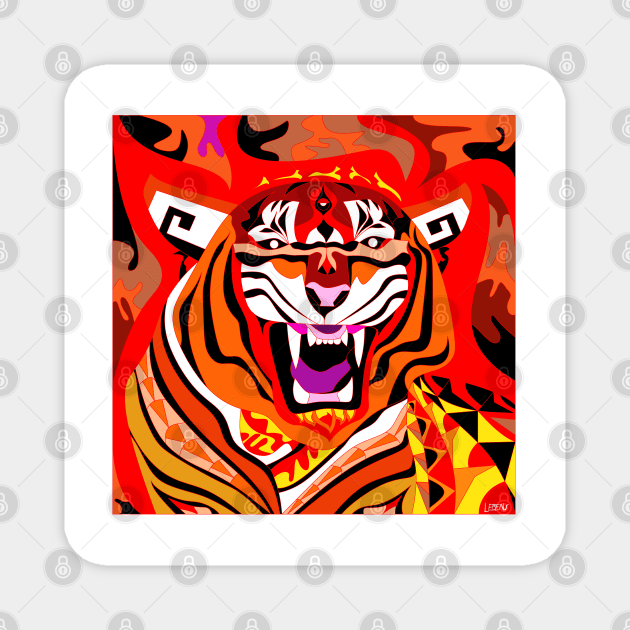 king ecopop tiger in asian zodiac fire pattern art Magnet by jorge_lebeau