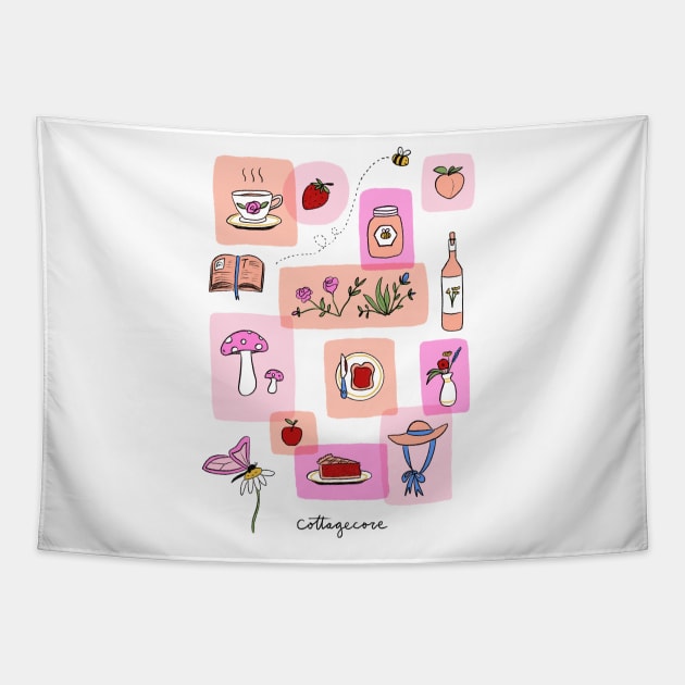 Cottagecore Aesthetic garden nature girl elements drawing illustration | Pink Palette Tapestry by alfrescotree