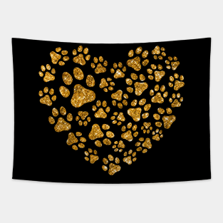 Golden Glitter Love Heart Paws Cat Valentines Day Tapestry