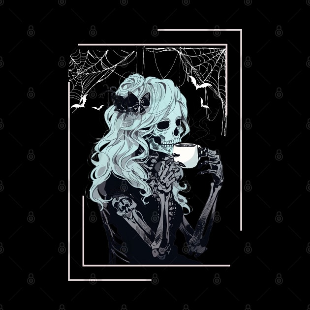 Coffee Drinking Skeleton Messy Bun Halloween Costume Girls by AE Desings Digital