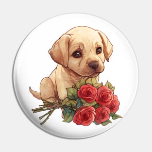 Valentine Labrador Retriever Dog Giving Flowers Pin