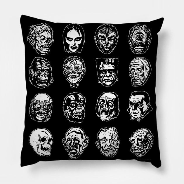 Horror Movie Monster Masks (B&W variant) Pillow by monstermangraphic