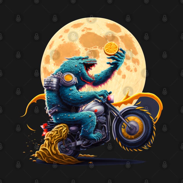 ramen monster in moon of Kanagawa  riding motorcycle eating orange by BOM TSHIRTS