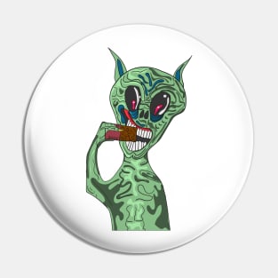 Spooky Cartoon Alien Eating A Chocolate Bar Pin