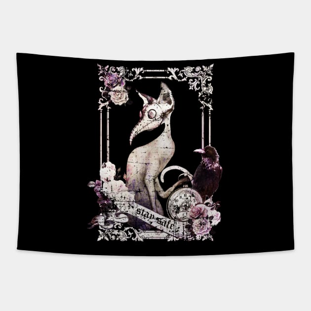 Cat Plague Doctor Say "stay safe" vintage style purple Tapestry by Collagedream