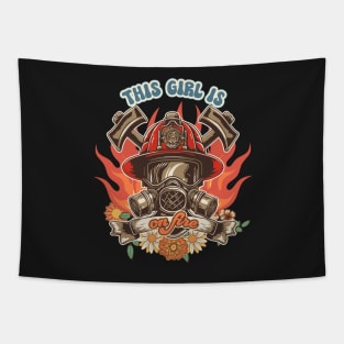 Firefighter woman Fire girl floral groovy funny quote This girl is on fire Tapestry