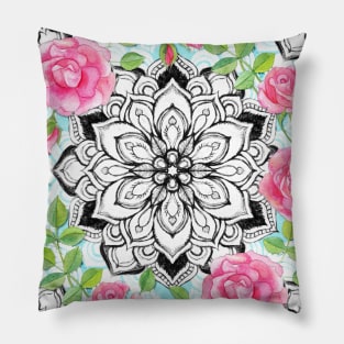 Pink Roses and Mandalas on Sky Blue Lace Pillow
