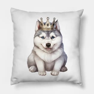 Watercolor Siberian Husky Dog Wearing a Crown Pillow