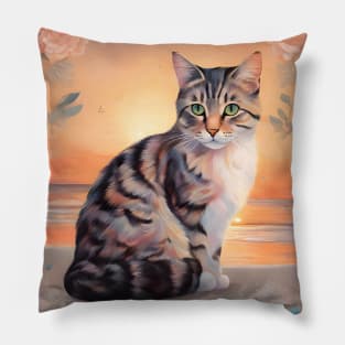 Floral Cat Pastel With Beautiful Sunset Pillow