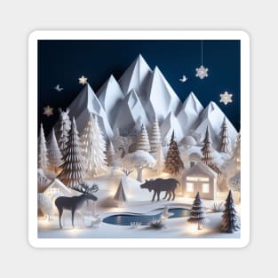 Beautiful Paper Art Style Winter Wildlife Scene Magnet