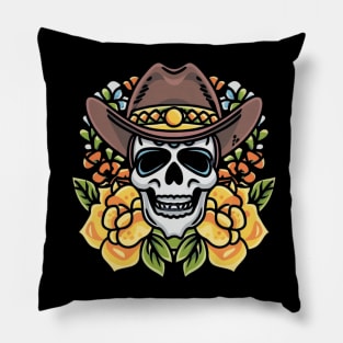 American Traditional Cowboy Skeleton Floral tattoo Pillow