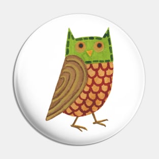 Owl Watercolor in Green Red Gold and Brown - Cute Baby Owlet Pin