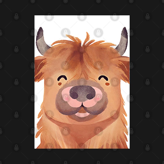 Cute Highland Cow Smiling Watercolor Painting by Art-Jiyuu