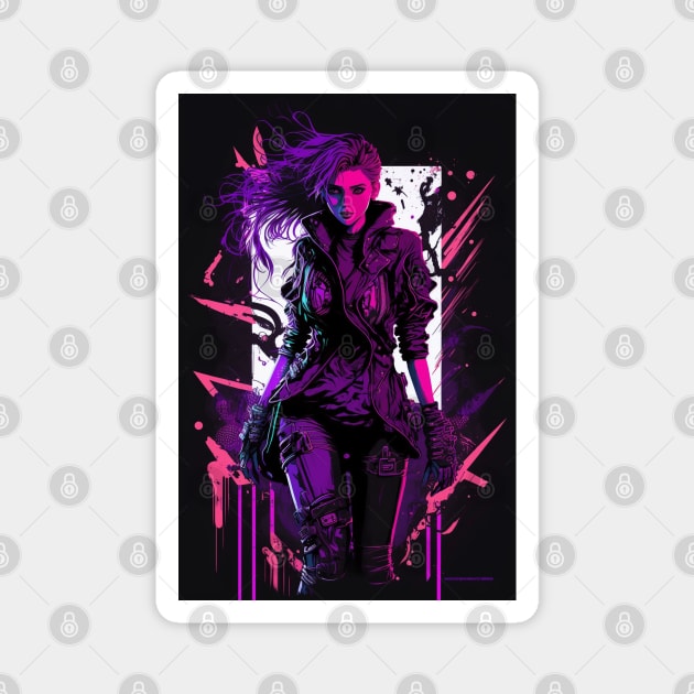 Cyberpunk Girl On Colorful Neon Background Magnet by Nightarcade