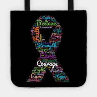 Cancer Awareness Ribbon With Positive Support Words Tote