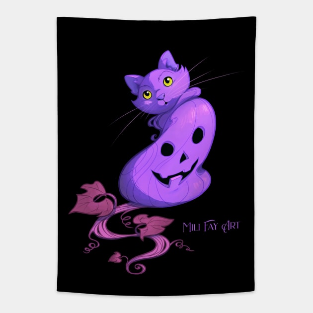 Mili Fay’s Halloween Pumpkin Cat — Purple Tapestry by Mili Fay Art