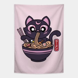 Creepy Cat Eating Ramen Noodles Tapestry