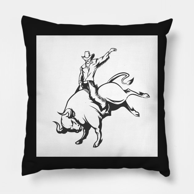 Rodeo cowboy riding a wild bull Pillow by devaleta