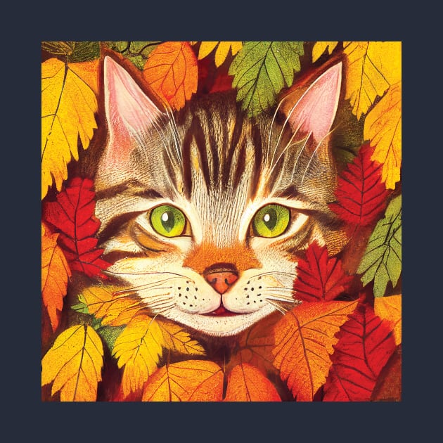 Tabby Kitten in Fall Leaves by Geminiartstudio